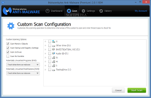 Showing the Malwarebytes Anti-Malware Premium Custom Scan module